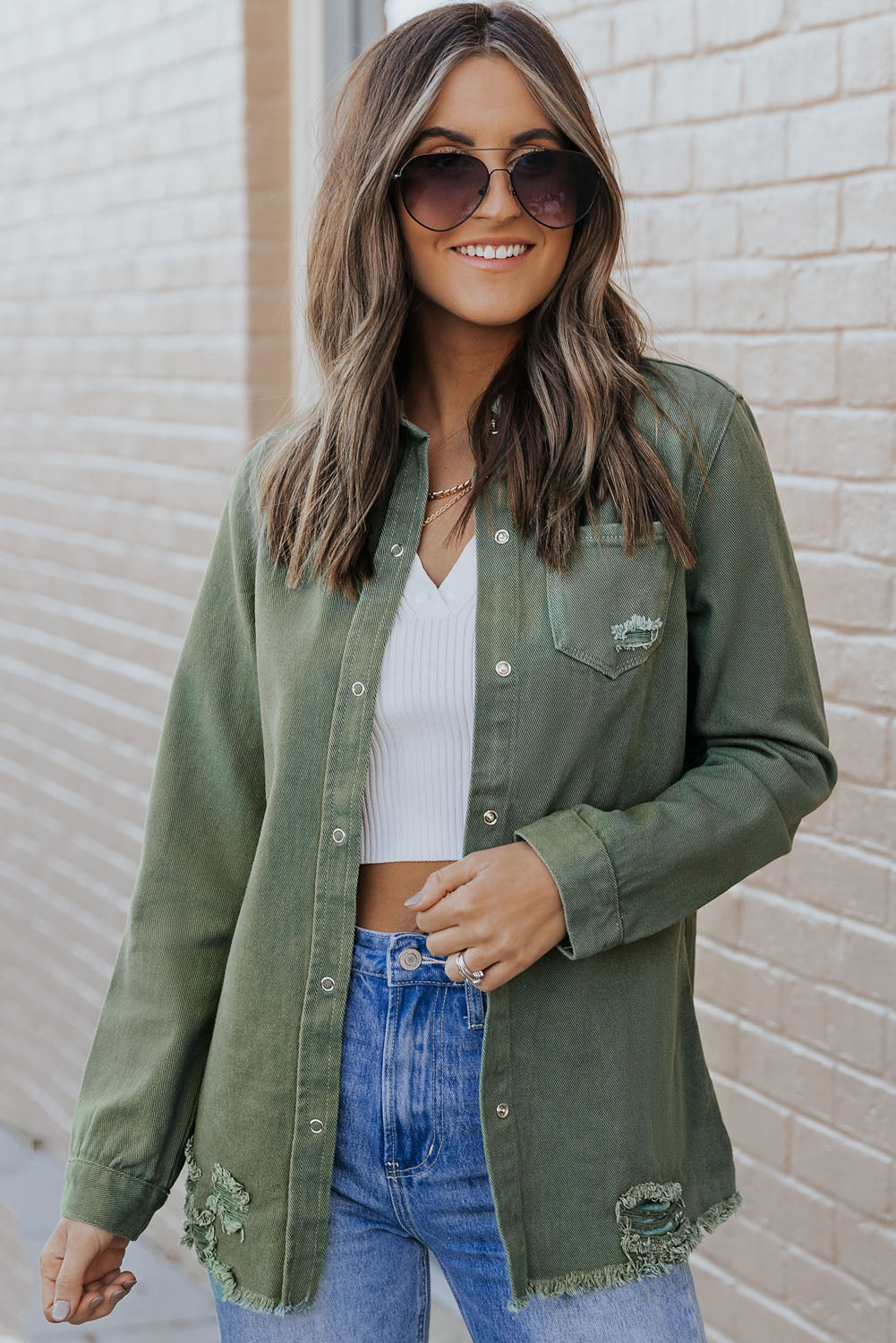 Green Casual Ripped Raw Hem Button Up Denim Shacket