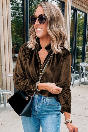 Black Frilled Neck Buttoned Front Velvet Top