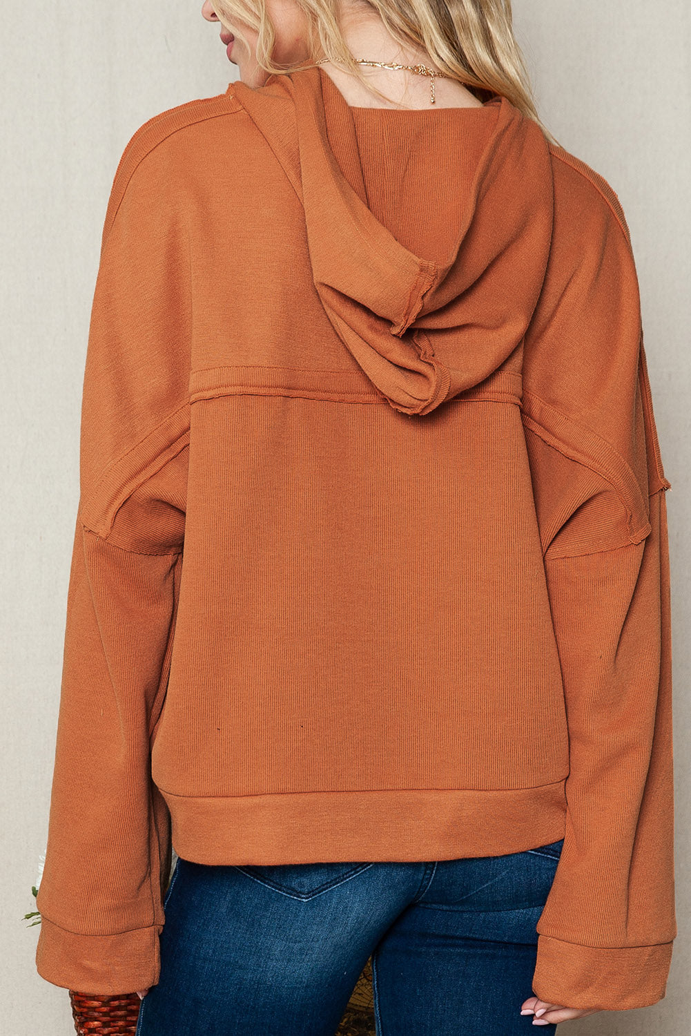 Orange Basic & Casual Button Front Pullover Hoodie