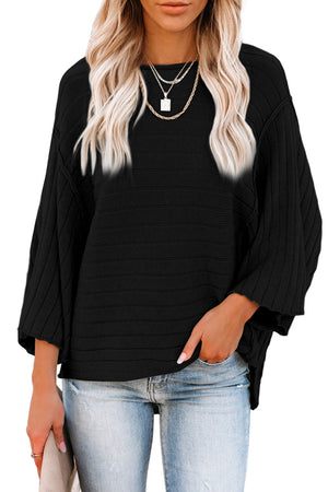 Apricot Solid Color Ribbed Knit 3/4 Sleeve Pullover Sweater