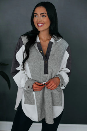 Grey Color Block Snap Button Exposed Seam Pullover Hoodie