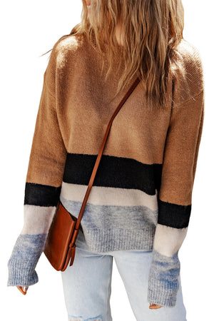 Brown Striped Bottom Colorblock Ribbed Knit Sweater