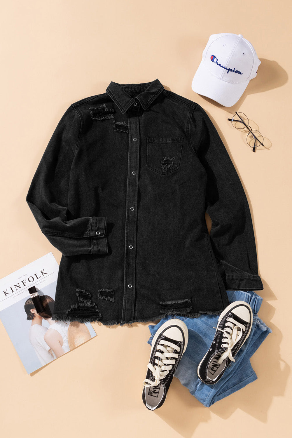 Green Casual Ripped Raw Hem Button Up Denim Shacket