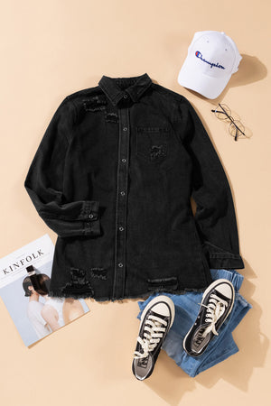 Green Casual Ripped Raw Hem Button Up Denim Shacket