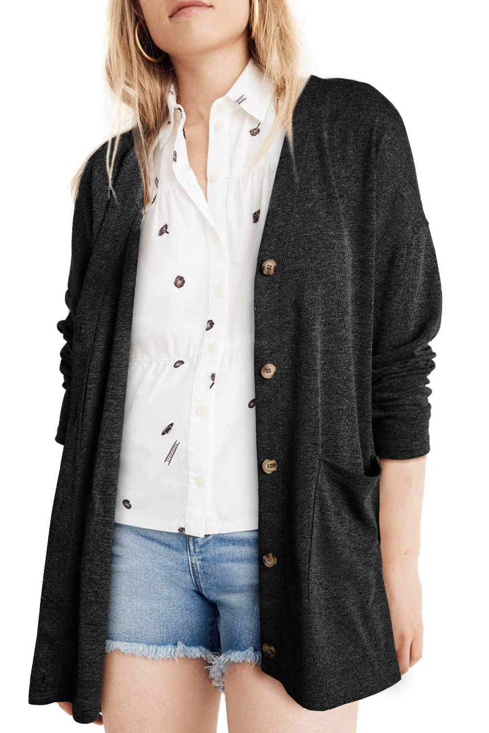 Grey Pocketed Casual Button Front Knit Cardigan
