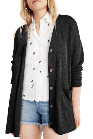 Grey Pocketed Casual Button Front Knit Cardigan