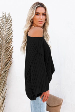 Apricot Solid Color Ribbed Knit 3/4 Sleeve Pullover Sweater