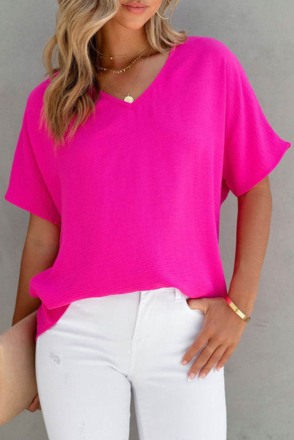 Pink Solid V Neck Textured Short Sleeve Plain Blouse