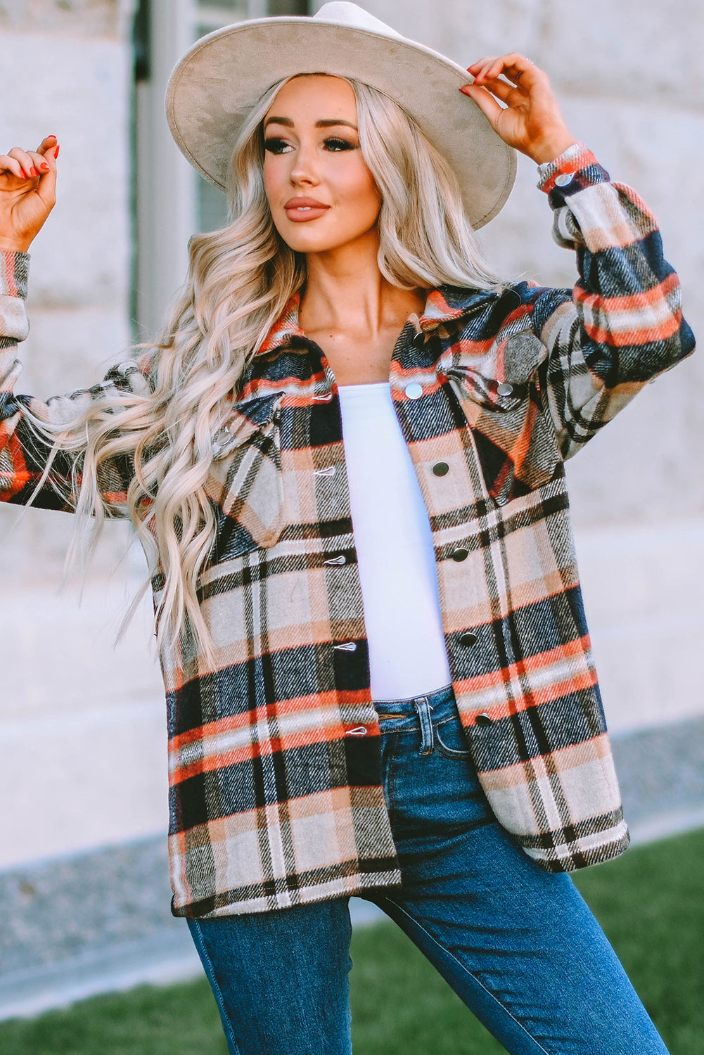 Brown Plaid Button Up Long Sleeve Flannel Jacket