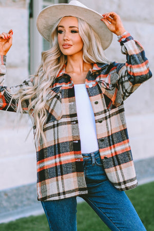 Brown Plaid Button Up Long Sleeve Flannel Jacket