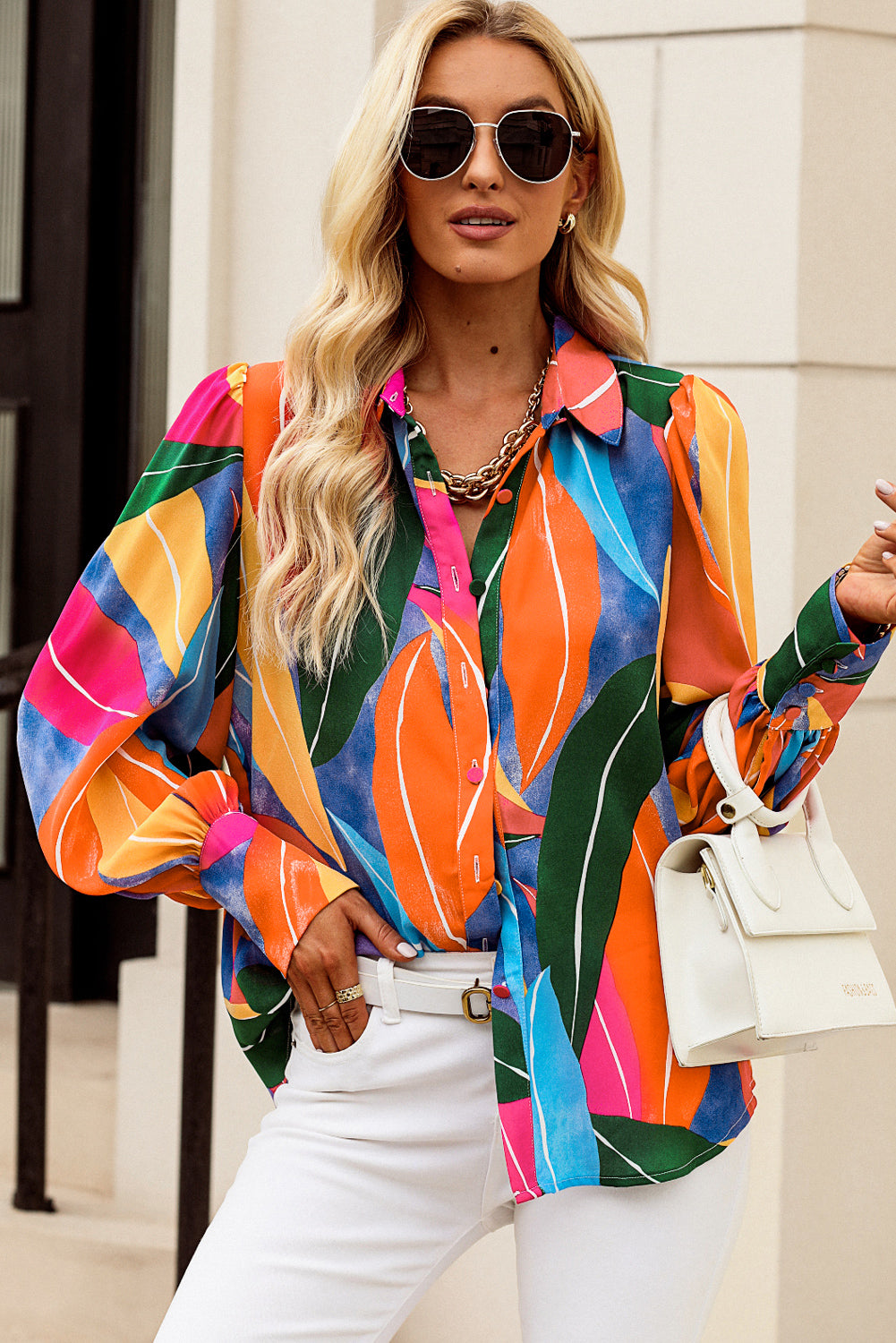 Multicolor Swirl Color Block Print Lantern Sleeve Shirt