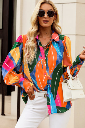 Multicolor Swirl Color Block Print Lantern Sleeve Shirt