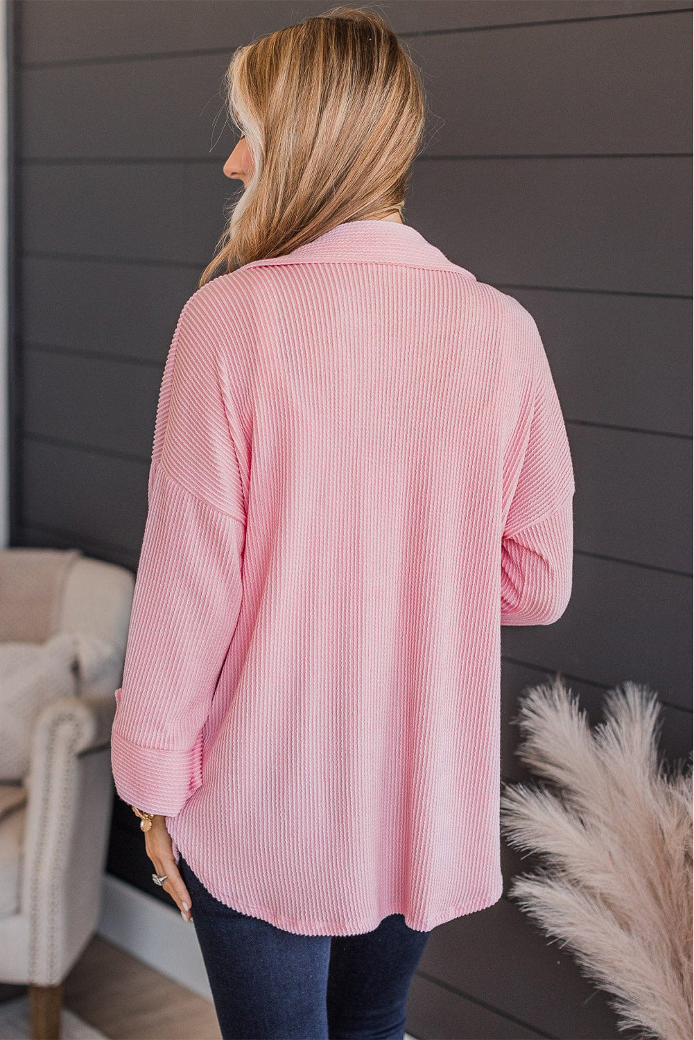 Pink Solid Color Textured Roll Tab Sleeve Shirt Shacket