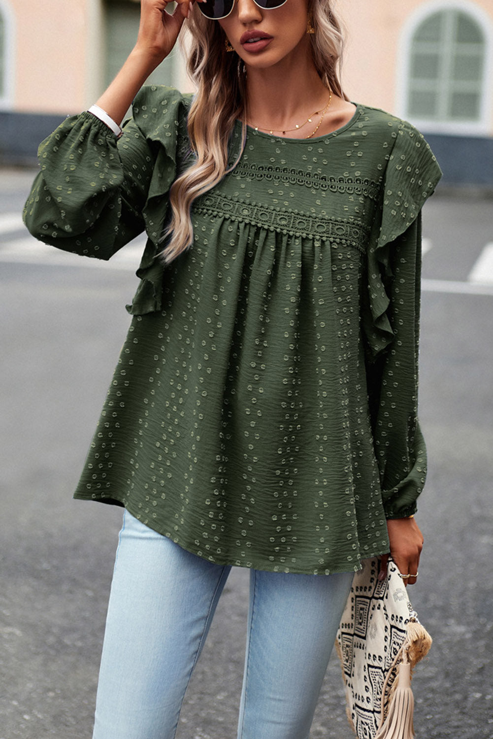 Blackish Green Swiss Dot Ruffle Shoulder Long Sleeve Blouse