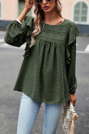 Blackish Green Swiss Dot Ruffle Shoulder Long Sleeve Blouse