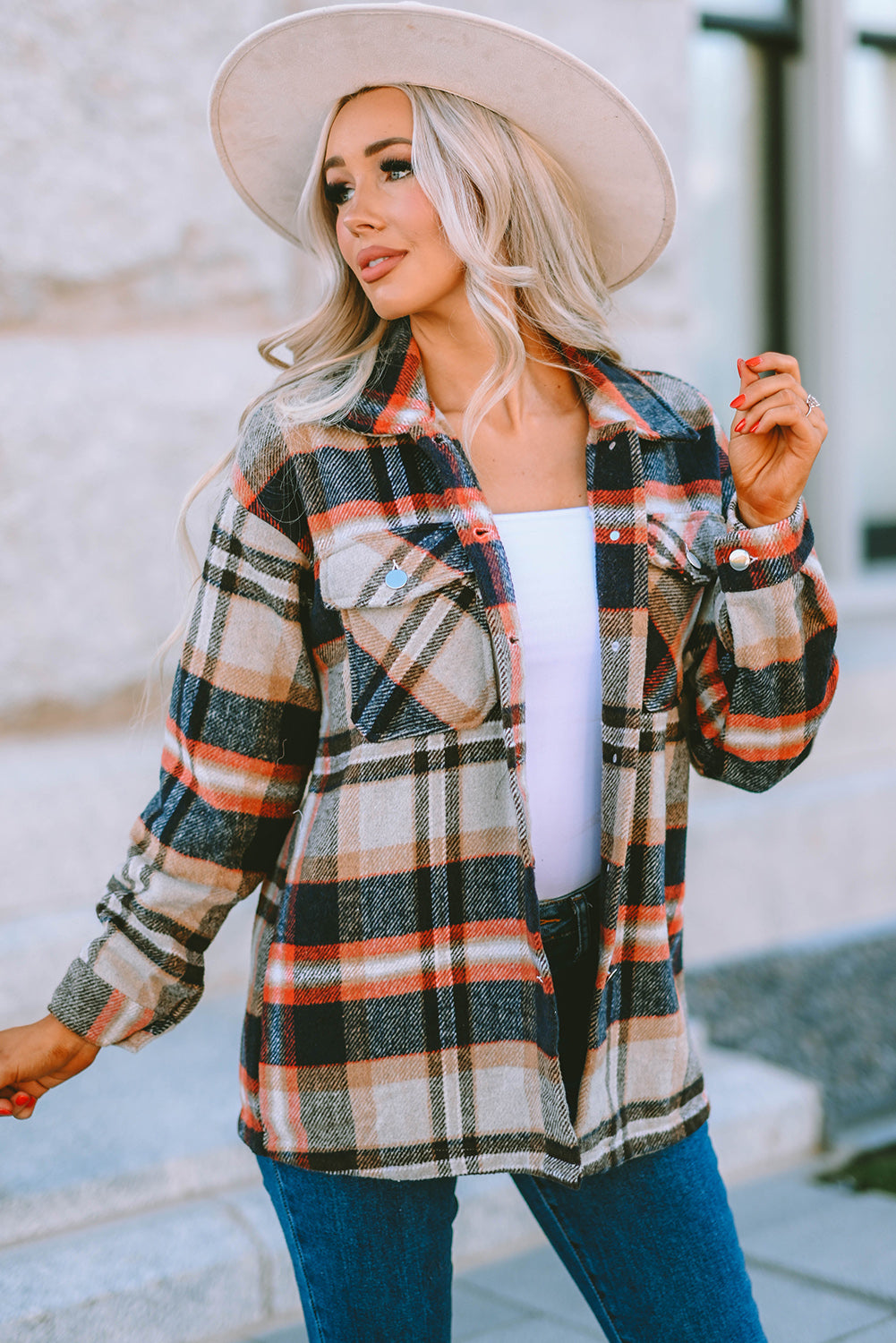Brown Plaid Button Up Long Sleeve Flannel Jacket