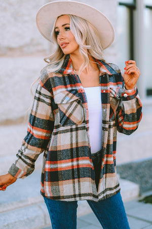Brown Plaid Button Up Long Sleeve Flannel Jacket