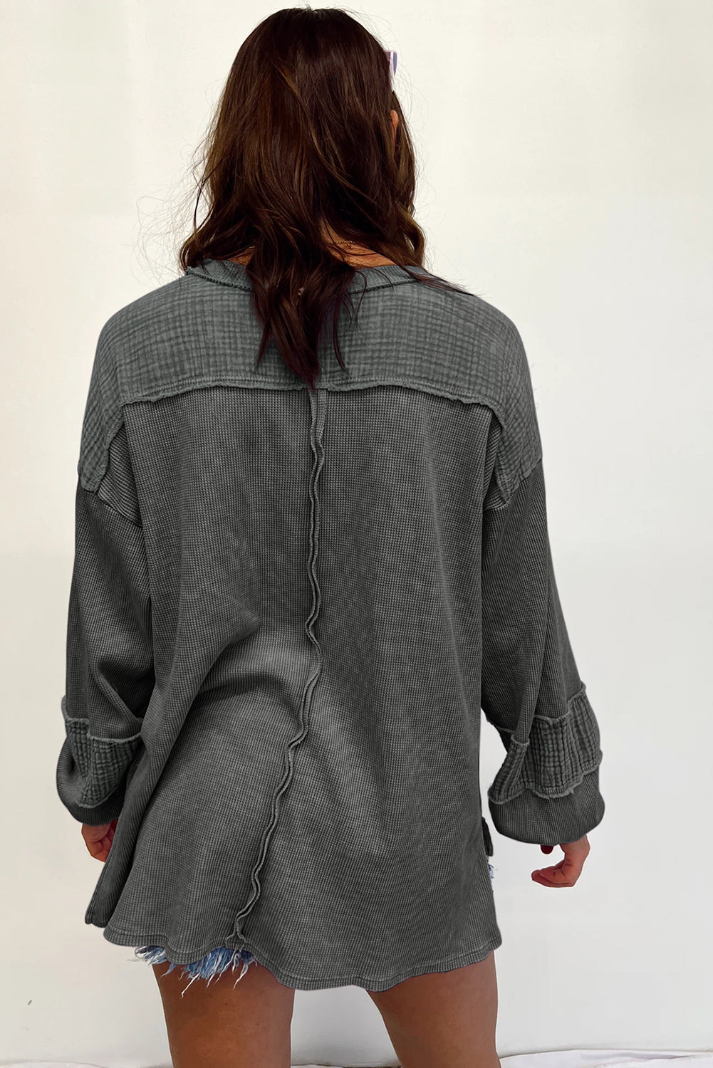 Black Waffle and Crinkle Patchwork Long Sleeve Top