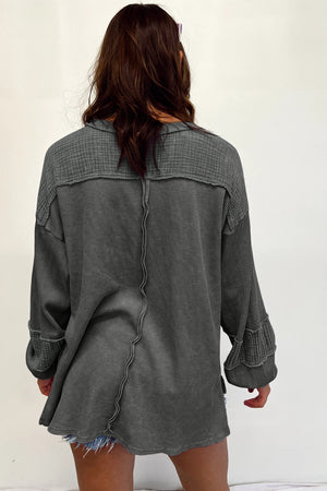 Black Waffle and Crinkle Patchwork Long Sleeve Top