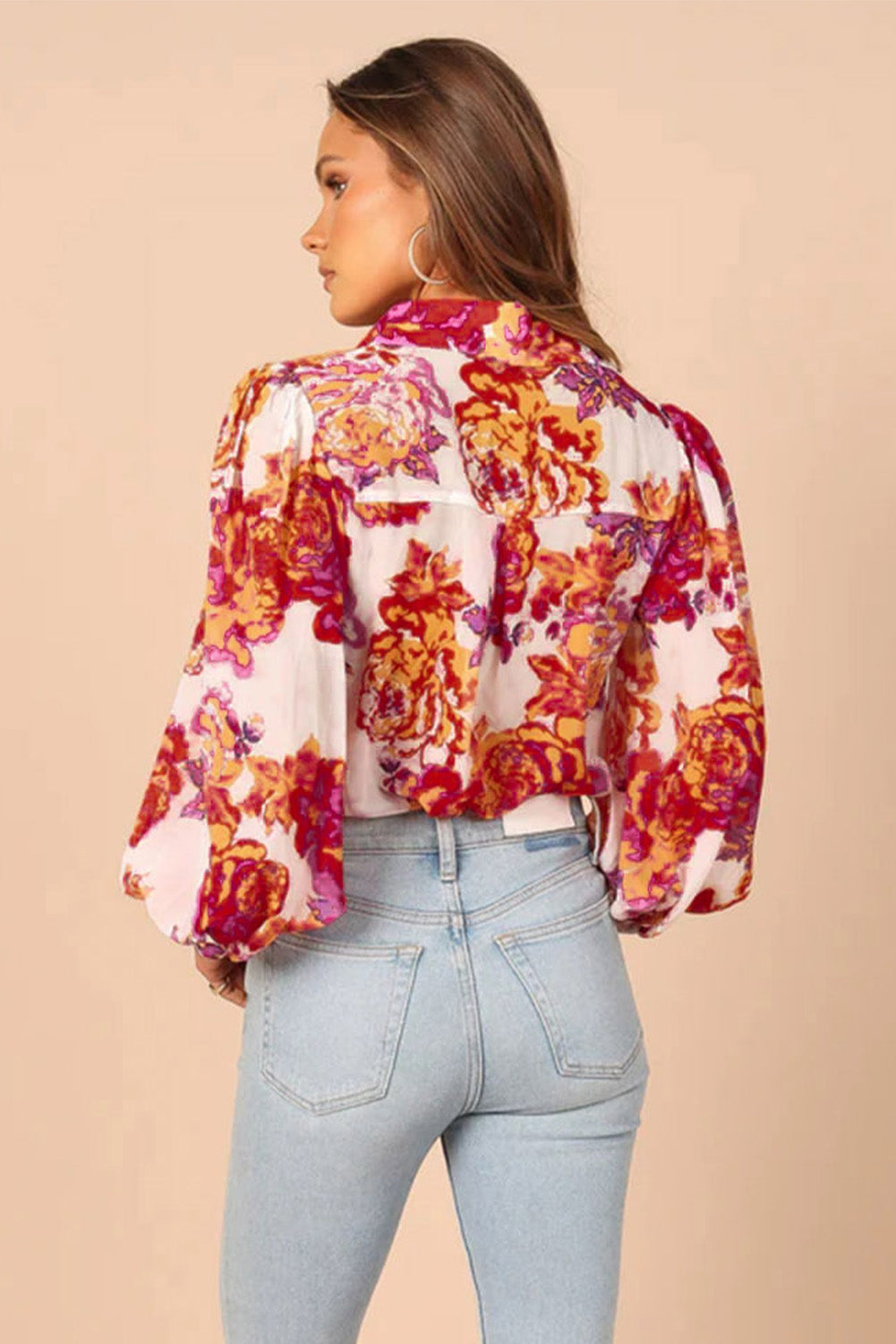 Multicolor Swirl Color Block Print Lantern Sleeve Shirt