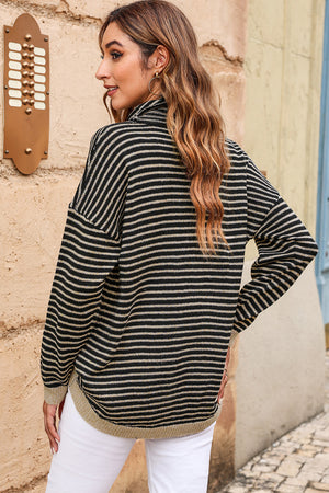 Black Striped Turtleneck Long Sleeve Sweater