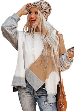 Khaki Colorblock Stitching Irregular Hem Long Sleeve Top