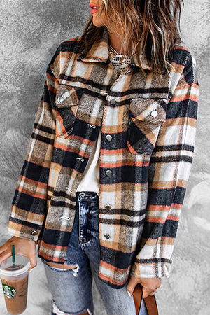 Brown Plaid Button Up Long Sleeve Flannel Jacket