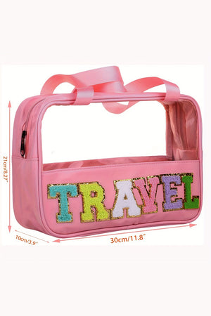 Light Pink TRAVEL Chenille Letter Clear PVC Makeup Bag