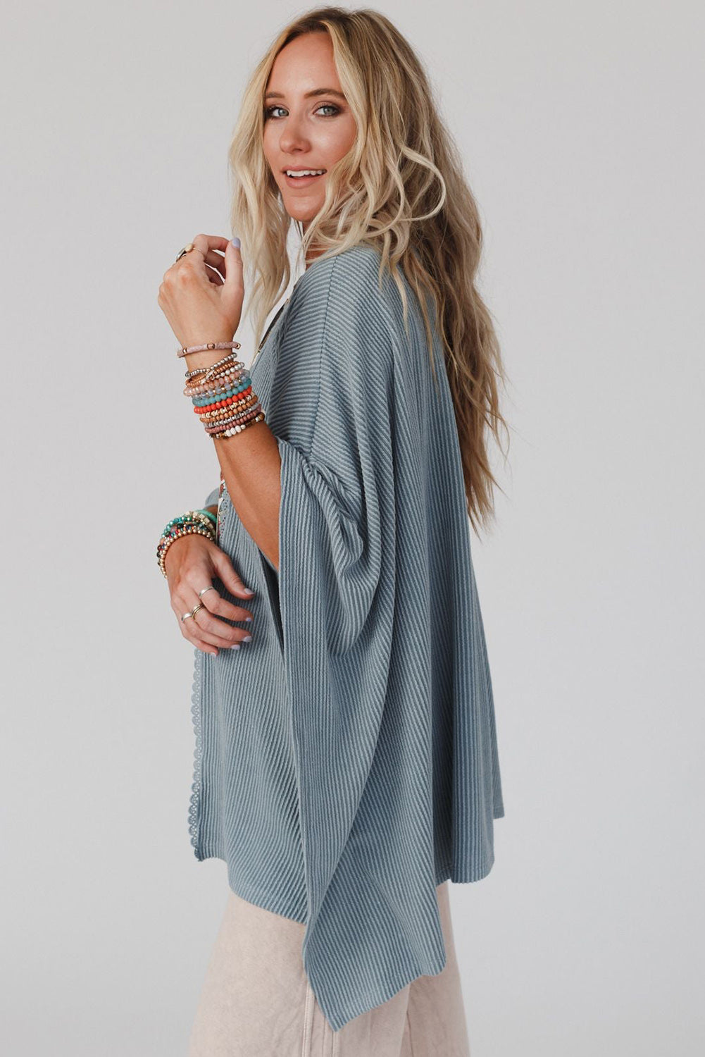 Black Textured Lace Trim Open Front Kimono Cardigan