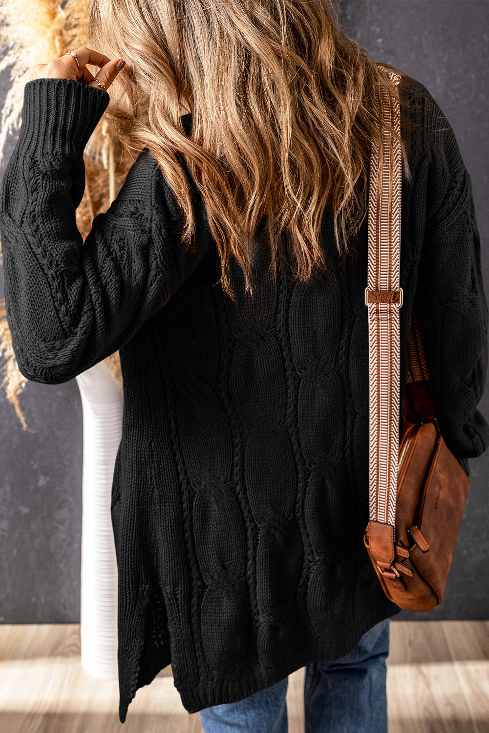 Apricot Ribbed Trim Hollow Knit Side Slits Cardigan