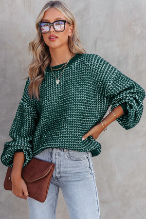 Green Heathered Knit Drop Shoulder Lantern Sleeve Sweater