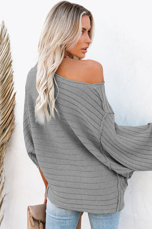 Apricot Solid Color Ribbed Knit 3/4 Sleeve Pullover Sweater