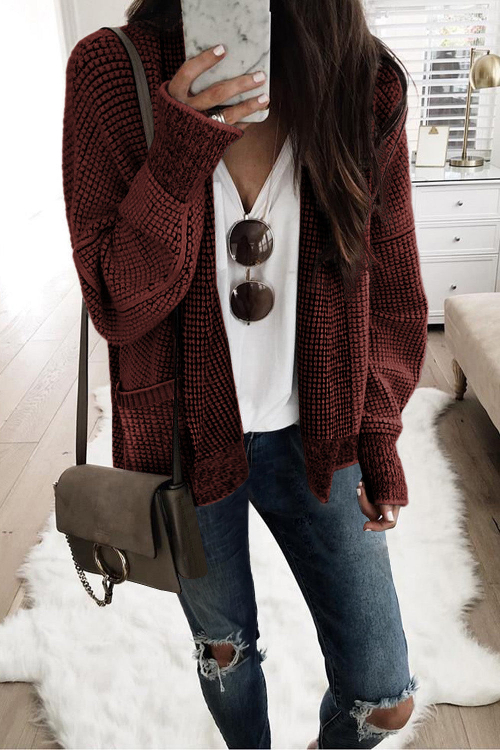 Gray Chunky Knit Pockets Drop Sleeve Cardigan