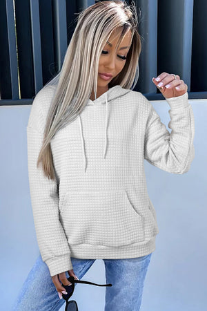 Gray Lattice Textured Kangaroo Pocket Drawstring Hoodie