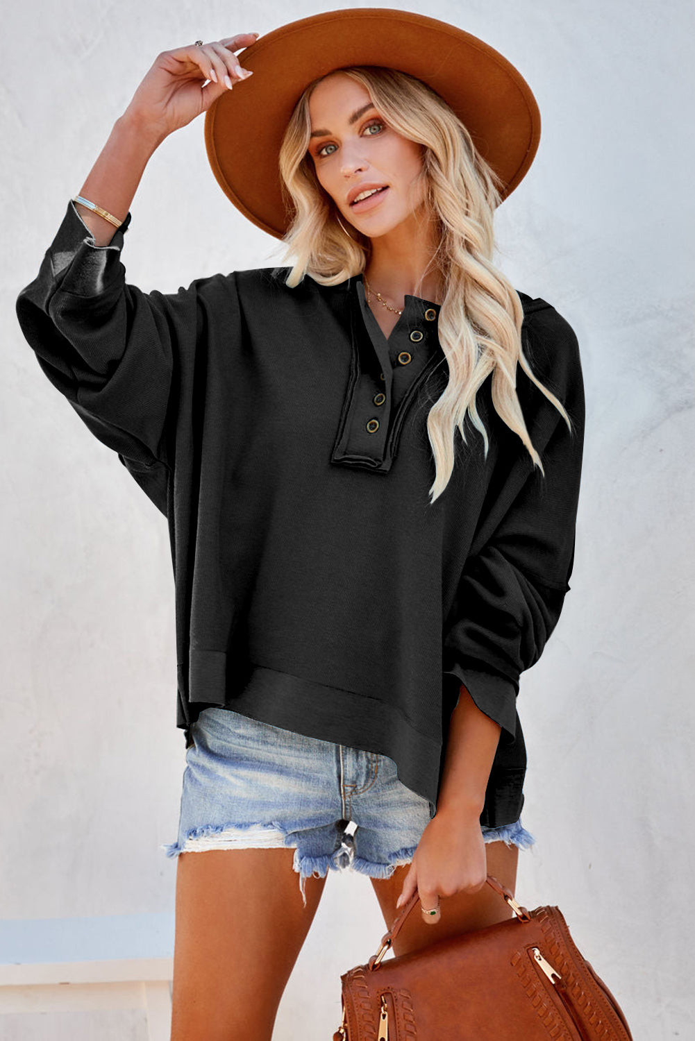 Orange Basic & Casual Button Front Pullover Hoodie