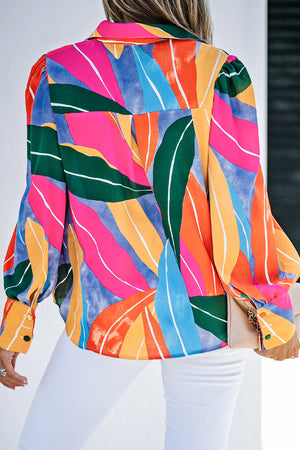 Multicolor Swirl Color Block Print Lantern Sleeve Shirt