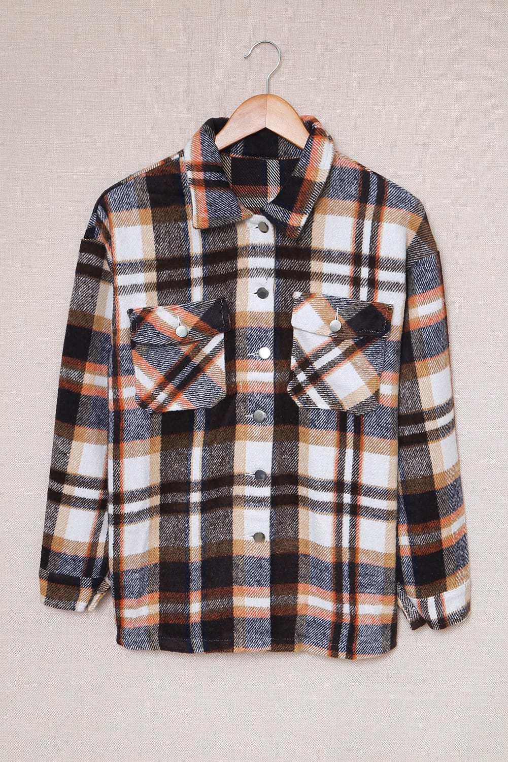 Brown Plaid Button Up Long Sleeve Flannel Jacket