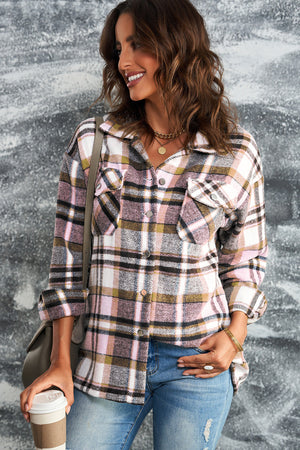Brown Plaid Button Up Long Sleeve Flannel Jacket