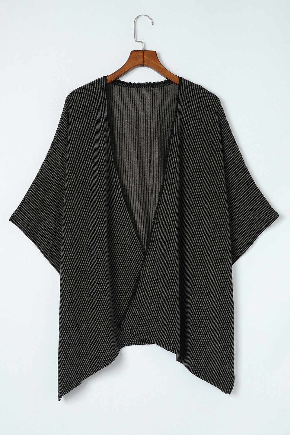 Black Textured Lace Trim Open Front Kimono Cardigan