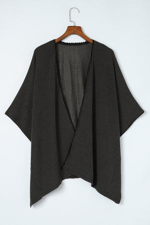 Black Textured Lace Trim Open Front Kimono Cardigan