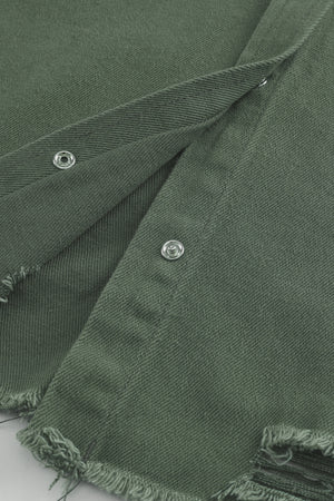Green Casual Ripped Raw Hem Button Up Denim Shacket