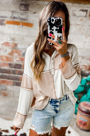 Multicolor Exposed Seam Ribbed Henley Hooded Long Sleeve Top