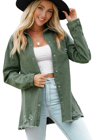 Green Casual Ripped Raw Hem Button Up Denim Shacket