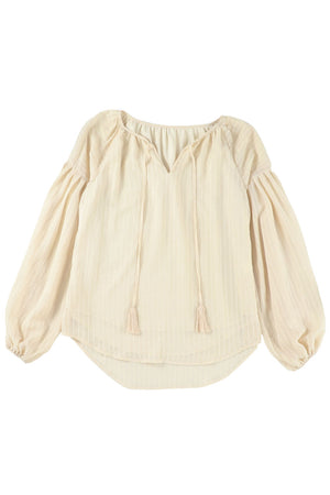 Brown Lantern Sleeve Tassel Drawstring Tie Blouse