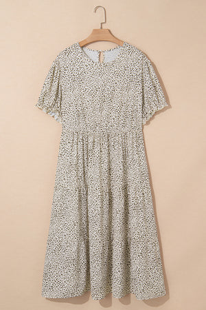 Beige Plus Size Leopard Print Frill Trim Short Sleeve Flared Dress