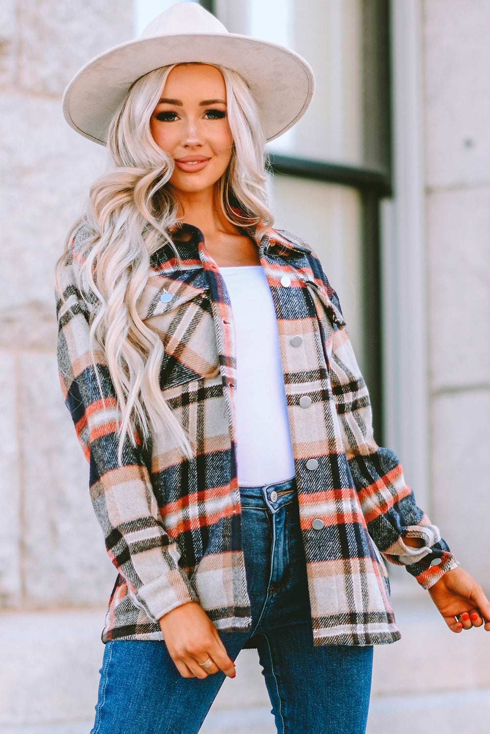 Brown Plaid Button Up Long Sleeve Flannel Jacket