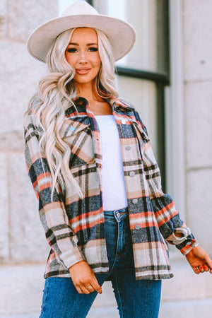 Brown Plaid Button Up Long Sleeve Flannel Jacket
