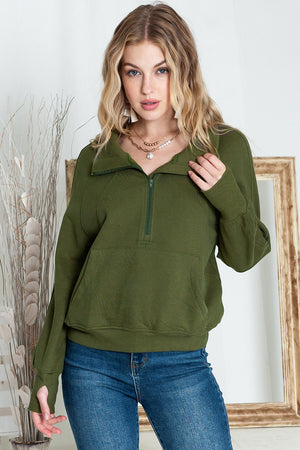 Green Zip Up Stand Collar Ribbed Thumbhole Sleeve Sweatshirt