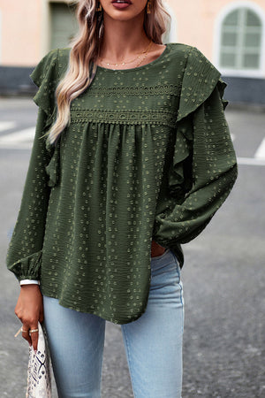 Blackish Green Swiss Dot Ruffle Shoulder Long Sleeve Blouse