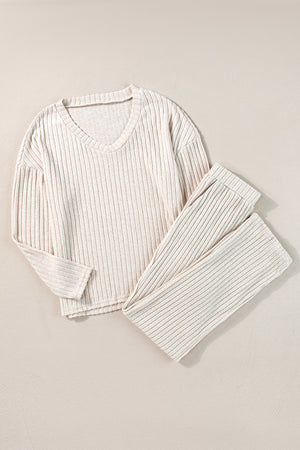Khaki Ribbed Knit V Neck Slouchy Two-piece Outfit